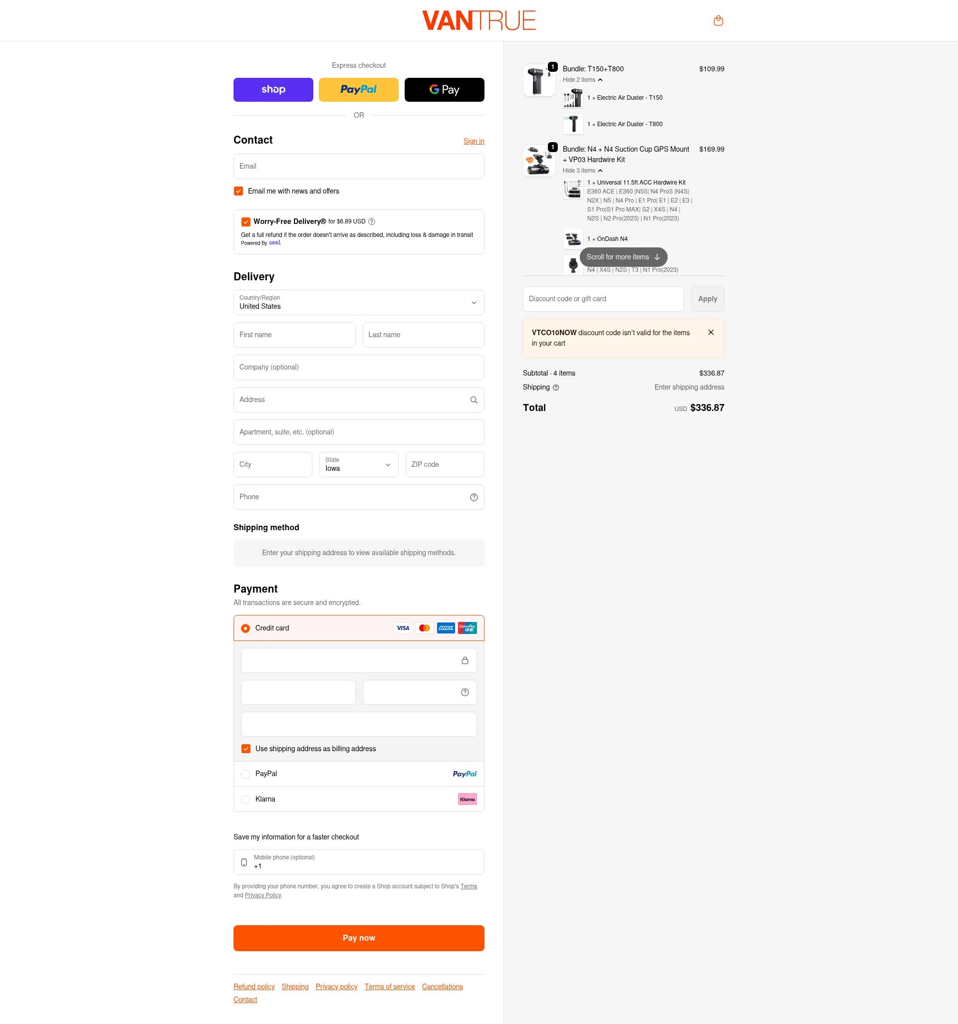 Vantrue checkout page showing Vantrue discount code box | Screenshot taken by SimplyCodes community member on Feb 12, 2026