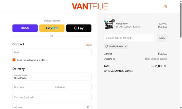 Vantrue US checkout page showing Vantrue US promo code box | Screenshot taken by SimplyCodes community member on Sep 3, 2025