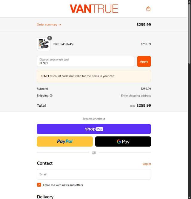 Vantrue US checkout page showing Vantrue US promo code box | Screenshot taken by SimplyCodes community member on Jul 7, 2025