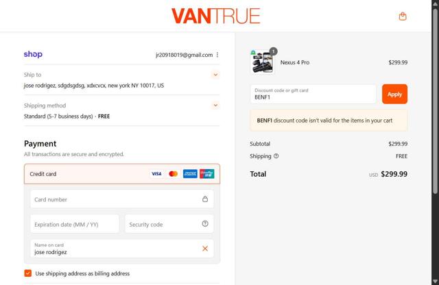 Vantrue US checkout page showing Vantrue US promo code box | Screenshot taken by SimplyCodes community member on Sep 3, 2025