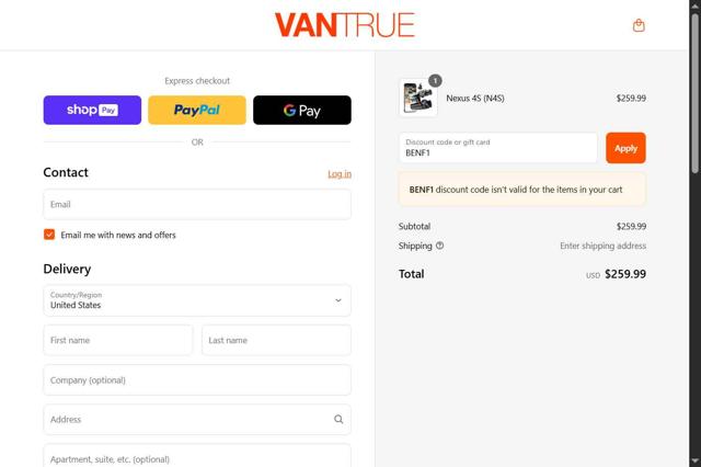 Vantrue US checkout page showing Vantrue US promo code box | Screenshot taken by SimplyCodes community member on Jul 7, 2025