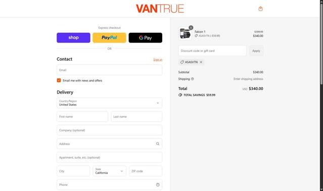 Vantrue US checkout page showing Vantrue US promo code box | Screenshot taken by SimplyCodes community member on Sep 10, 2025