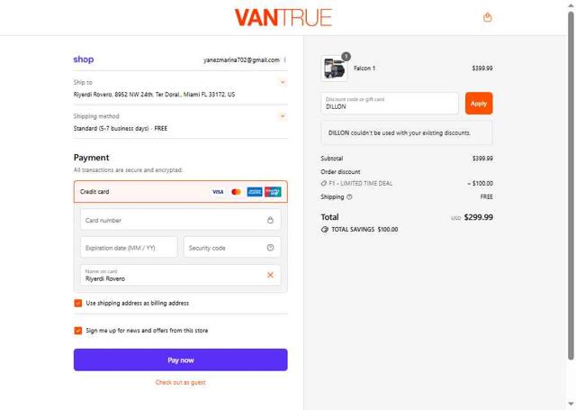 Vantrue US checkout page showing Vantrue US promo code box | Screenshot taken by SimplyCodes community member on Aug 30, 2025
