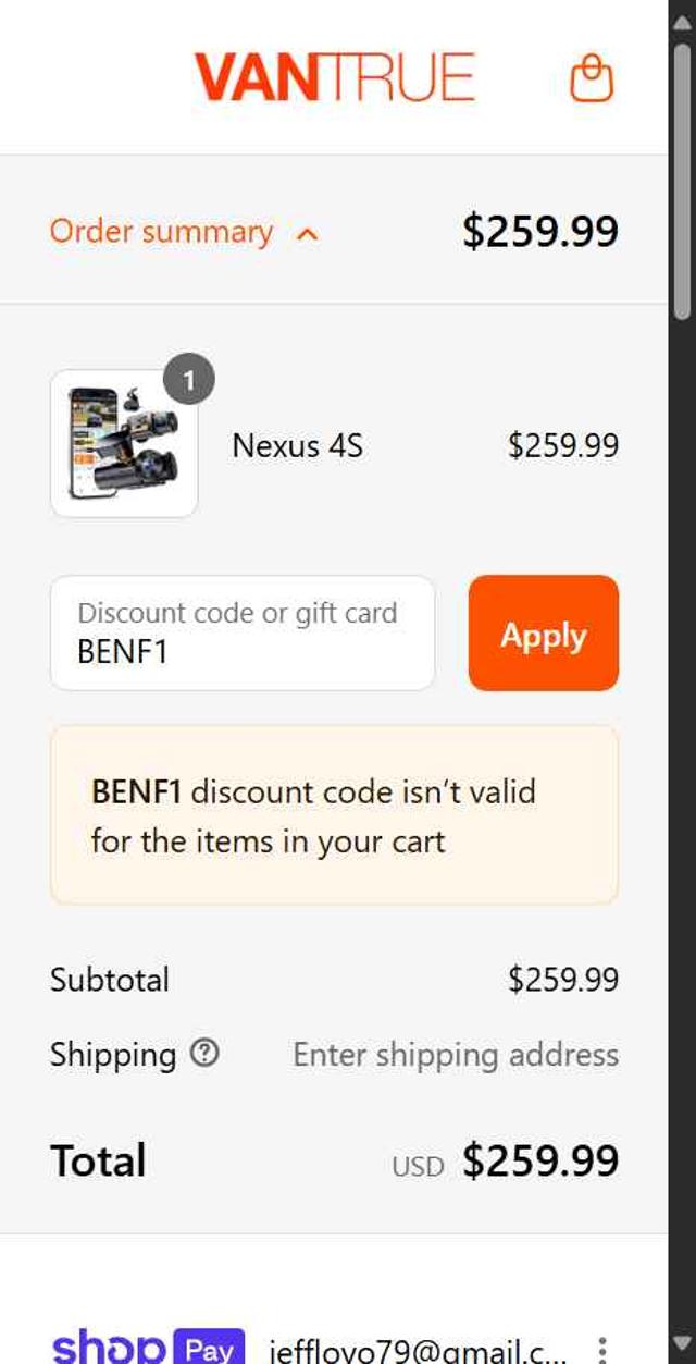 Vantrue US checkout page showing Vantrue US promo code box | Screenshot taken by SimplyCodes community member on Aug 5, 2025