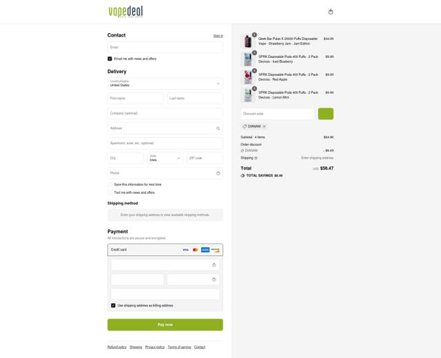 VAPEDEAL checkout page showing VAPEDEAL coupon code box | Screenshot taken by SimplyCodes community member on Sep 12, 2025