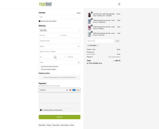 VAPEDEAL checkout page showing VAPEDEAL coupon code box | Screenshot taken by SimplyCodes community member on Sep 12, 2025