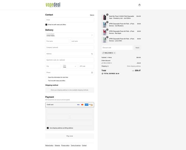 VAPEDEAL checkout page showing VAPEDEAL coupon code box | Screenshot taken by SimplyCodes community member on Sep 12, 2025