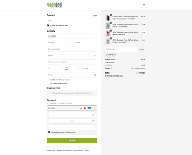 VAPEDEAL checkout page showing VAPEDEAL coupon code box | Screenshot taken by SimplyCodes community member on Sep 8, 2025