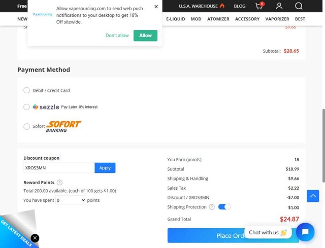Vapesourcing checkout page showing Vapesourcing coupon code box | Screenshot taken by SimplyCodes community member on Sep 3, 2025