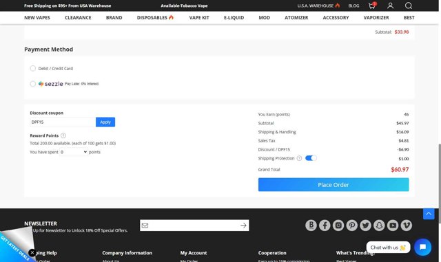 Vapesourcing checkout page showing Vapesourcing coupon code box | Screenshot taken by SimplyCodes community member on Sep 3, 2025