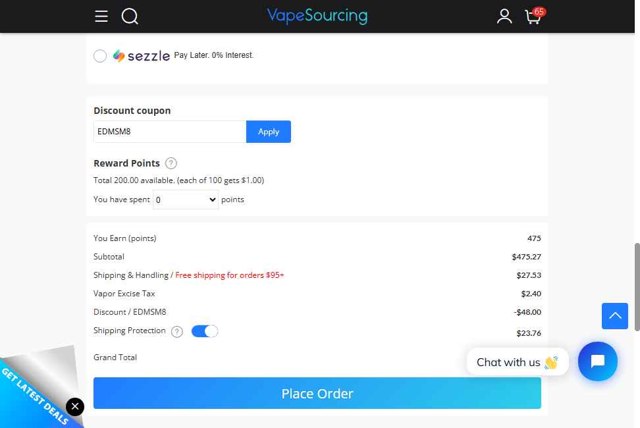 Vapesourcing checkout page showing Vapesourcing coupon code box | Screenshot taken by SimplyCodes community member on Sep 3, 2025