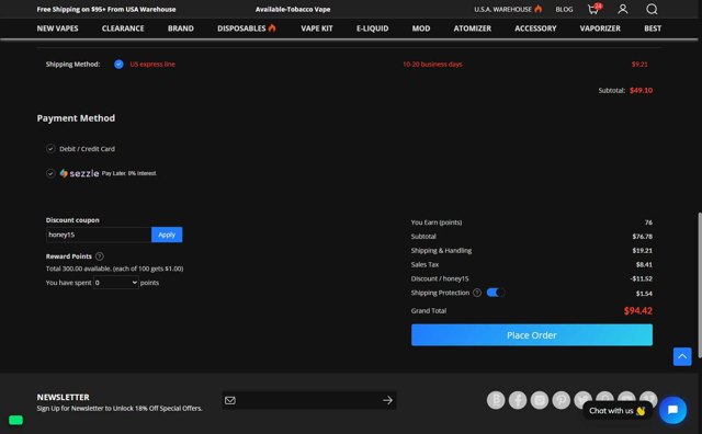 Vapesourcing checkout page showing Vapesourcing coupon code box | Screenshot taken by SimplyCodes community member on Sep 5, 2025