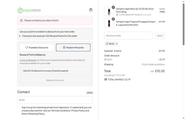 VapeStore checkout page showing VapeStore promo code box | Screenshot taken by SimplyCodes community member on Aug 23, 2025