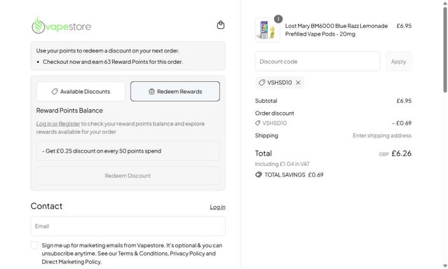 VapeStore checkout page showing VapeStore promo code box | Screenshot taken by SimplyCodes community member on Aug 28, 2025