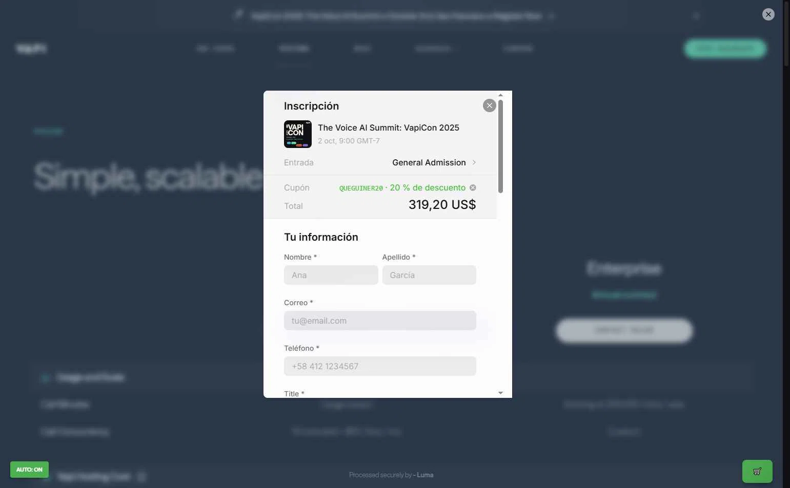 Vapi checkout page showing Vapi promo code box | Screenshot taken by SimplyCodes community member on Sep 10, 2025