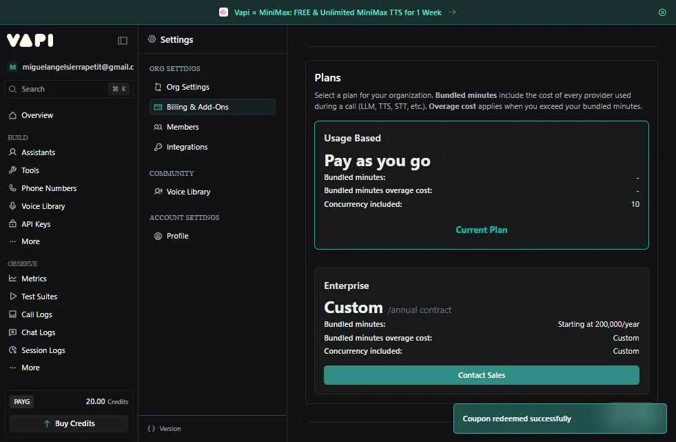 Vapi checkout page showing Vapi promo code box | Screenshot taken by SimplyCodes community member on Sep 16, 2025