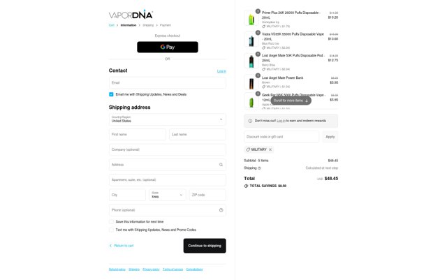VaporDNA checkout page showing VaporDNA discount code box | Screenshot taken by SimplyCodes community member on Sep 4, 2025