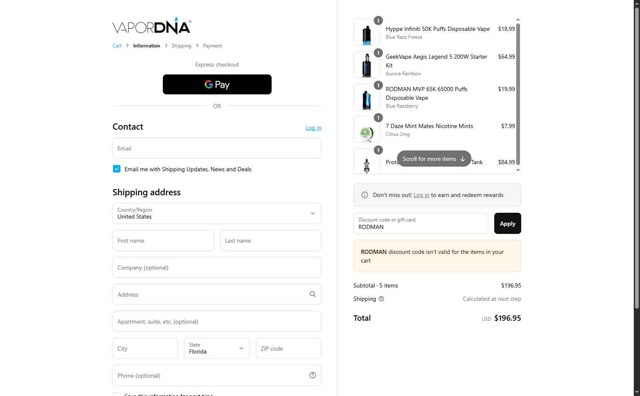 VaporDNA checkout page showing VaporDNA discount code box | Screenshot taken by SimplyCodes community member on Sep 5, 2025