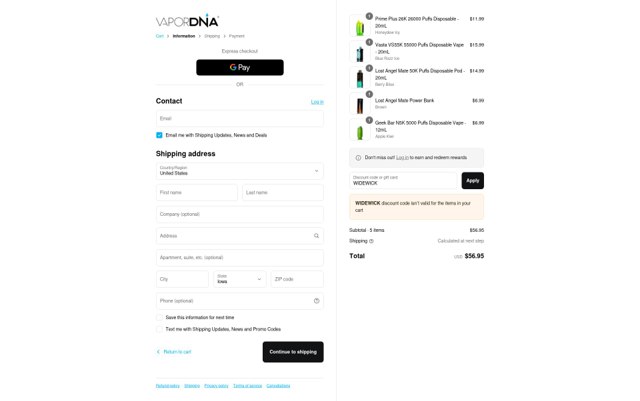 VaporDNA checkout page showing VaporDNA discount code box | Screenshot taken by SimplyCodes community member on Sep 4, 2025