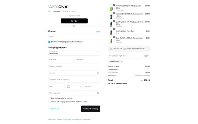 VaporDNA checkout page showing VaporDNA discount code box | Screenshot taken by SimplyCodes community member on Sep 4, 2025