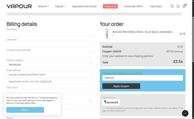 Vapour checkout page showing Vapour discount code box | Screenshot taken by SimplyCodes community member on Aug 5, 2025