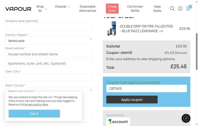 Vapour checkout page showing Vapour discount code box | Screenshot taken by SimplyCodes community member on Aug 29, 2025
