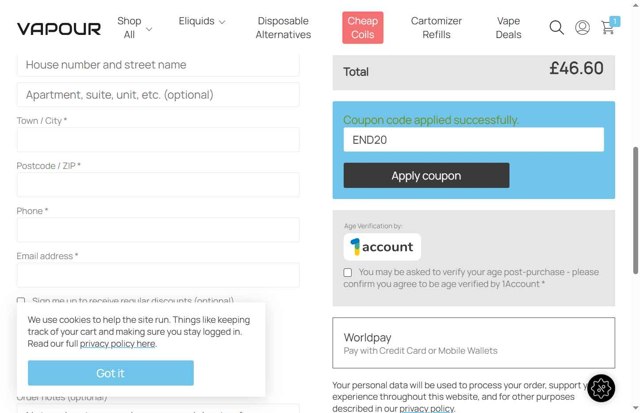 Vapour checkout page showing Vapour discount code box | Screenshot taken by SimplyCodes community member on Jun 26, 2025