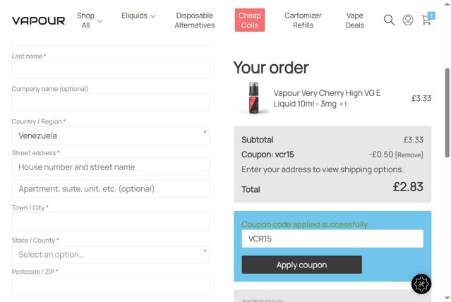 Vapour checkout page showing Vapour discount code box | Screenshot taken by SimplyCodes community member on Aug 29, 2025