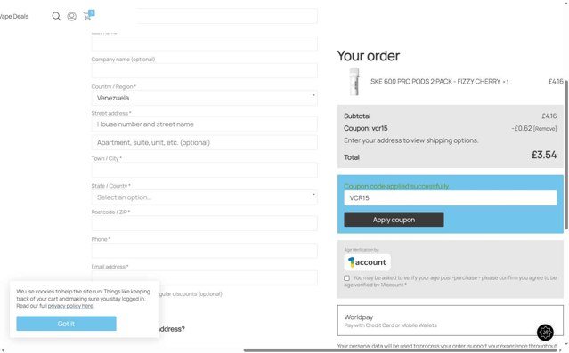 Vapour checkout page showing Vapour discount code box | Screenshot taken by SimplyCodes community member on Jul 23, 2025