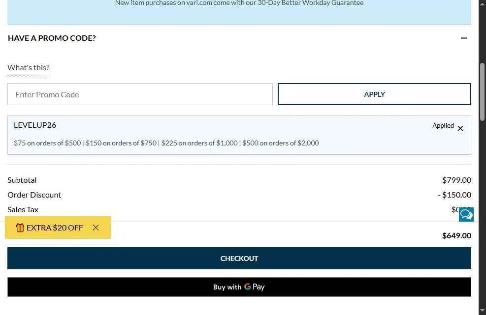 Vari checkout page showing Vari promo code box | Screenshot taken by SimplyCodes community member on Feb 5, 2026