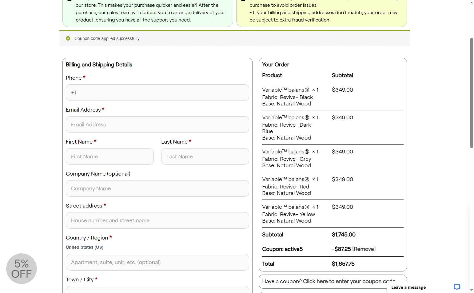 Varier Chairs checkout page showing Varier Chairs promo code box | Screenshot taken by SimplyCodes community member on Aug 15, 2025