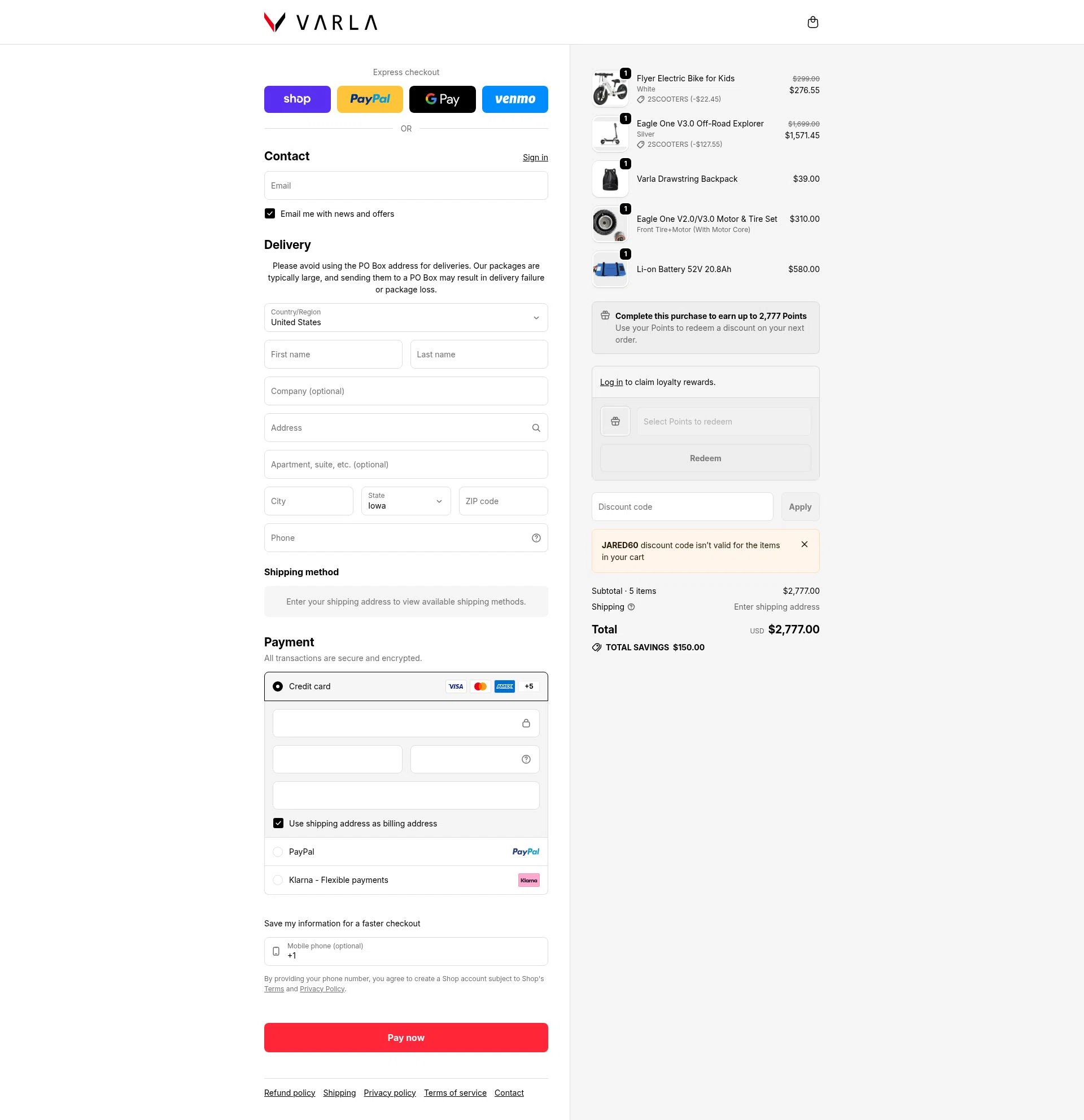 Varla Scooter checkout page showing Varla Scooter discount code box | Screenshot taken by SimplyCodes community member on Feb 17, 2026