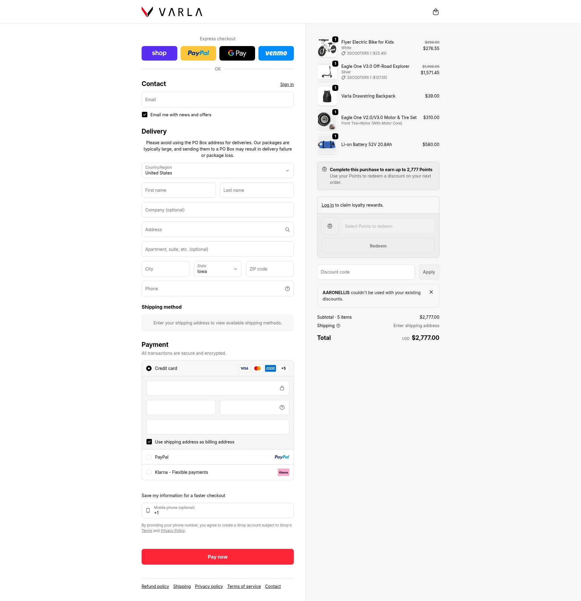 Varla Scooter checkout page showing Varla Scooter discount code box | Screenshot taken by SimplyCodes community member on Feb 17, 2026
