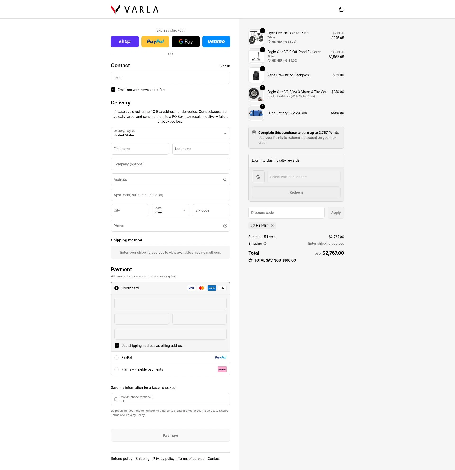 Varla Scooter checkout page showing Varla Scooter discount code box | Screenshot taken by SimplyCodes community member on Feb 17, 2026