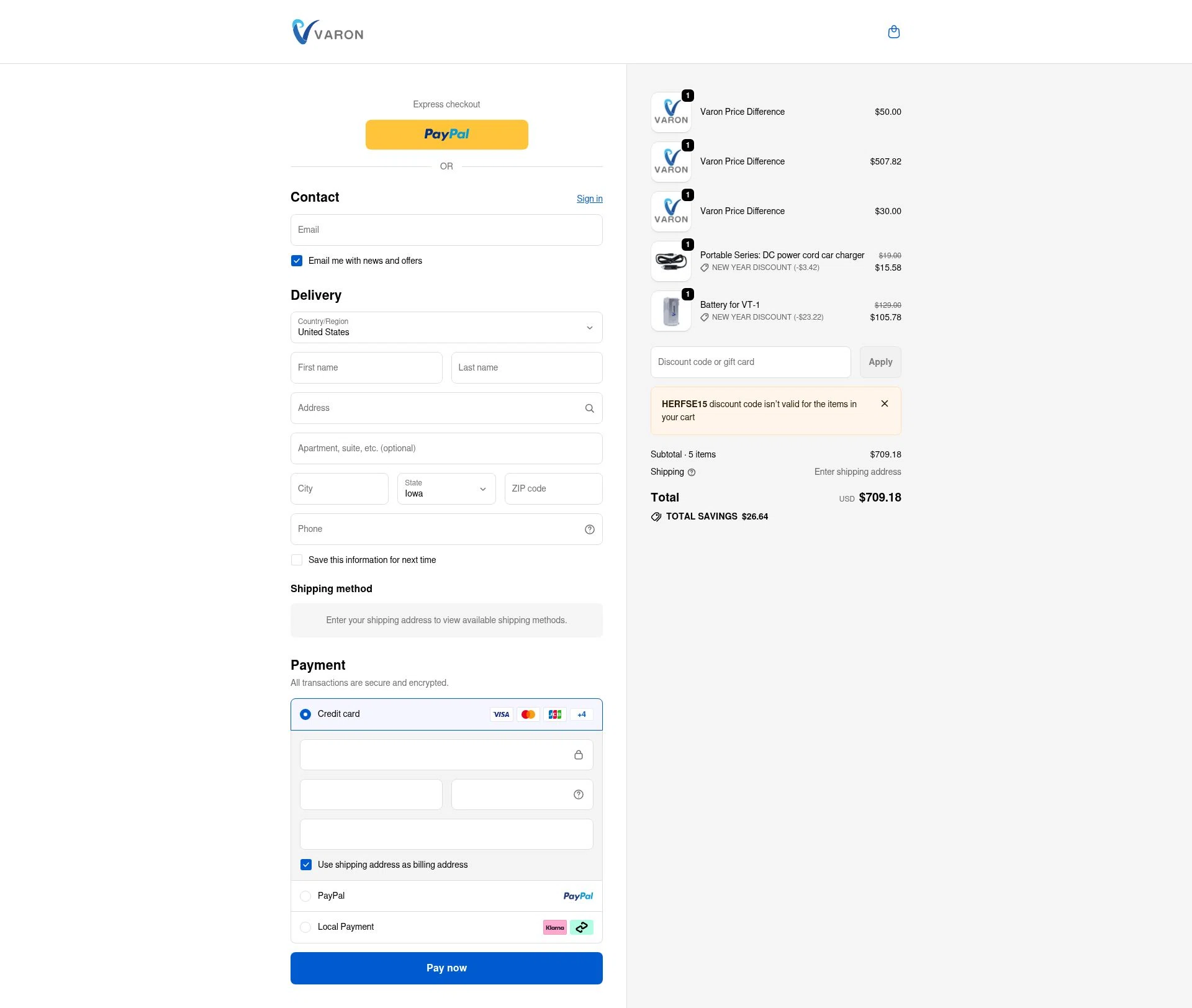 VARON checkout page showing VARON coupon code box | Screenshot taken by SimplyCodes community member on Jan 7, 2026