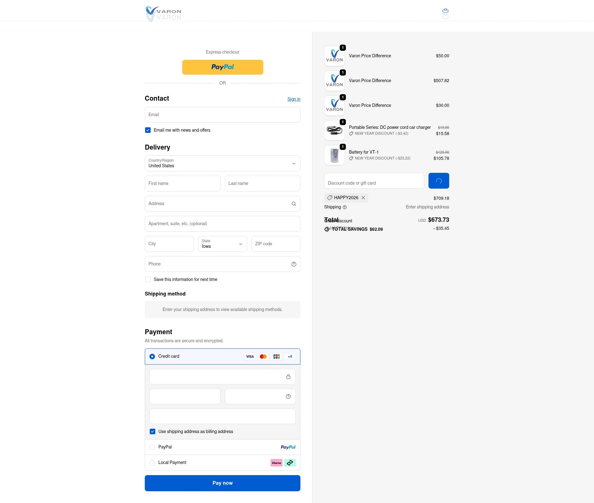 VARON checkout page showing VARON coupon code box | Screenshot taken by SimplyCodes community member on Jan 7, 2026