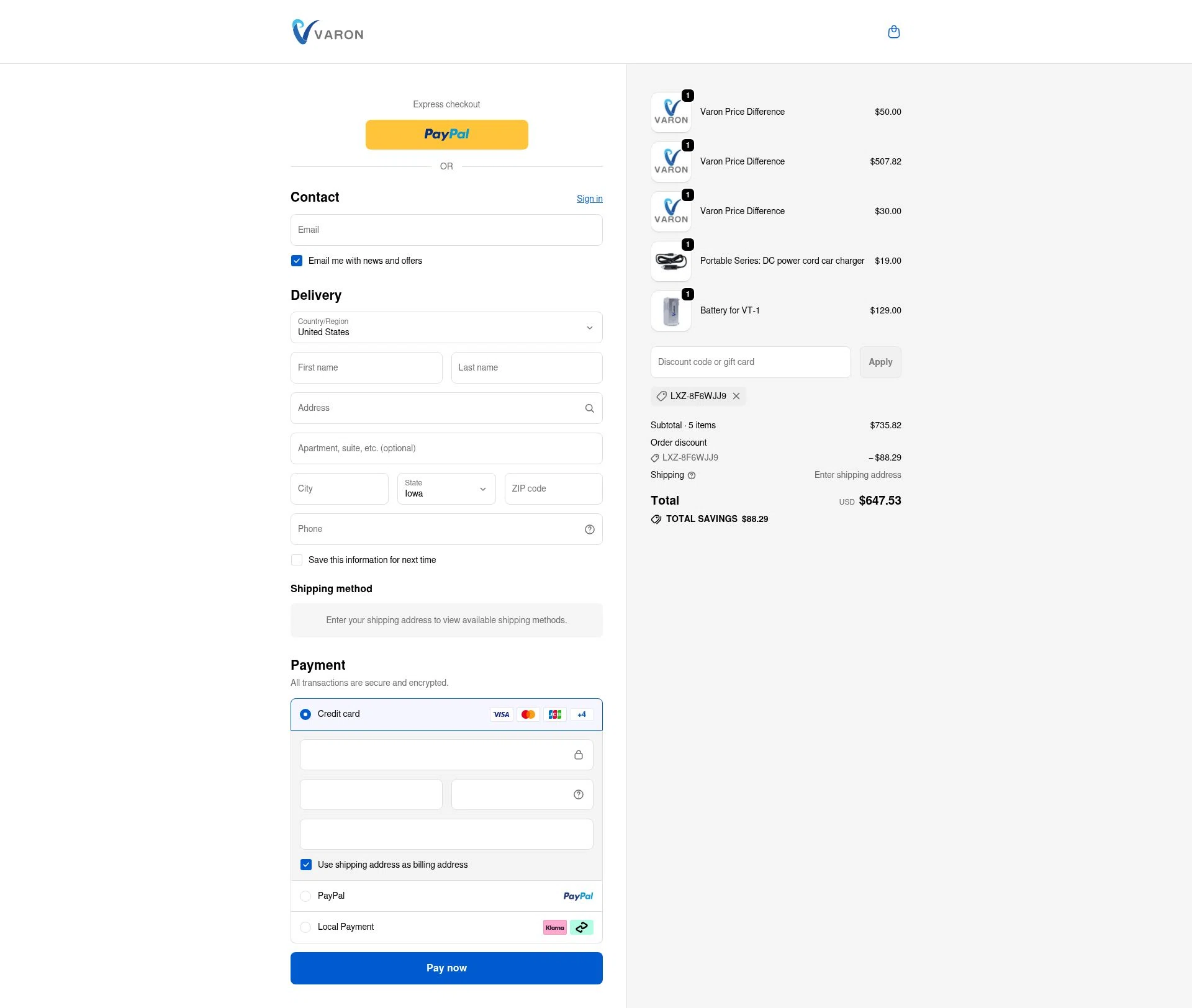 VARON checkout page showing VARON coupon code box | Screenshot taken by SimplyCodes community member on Jan 7, 2026
