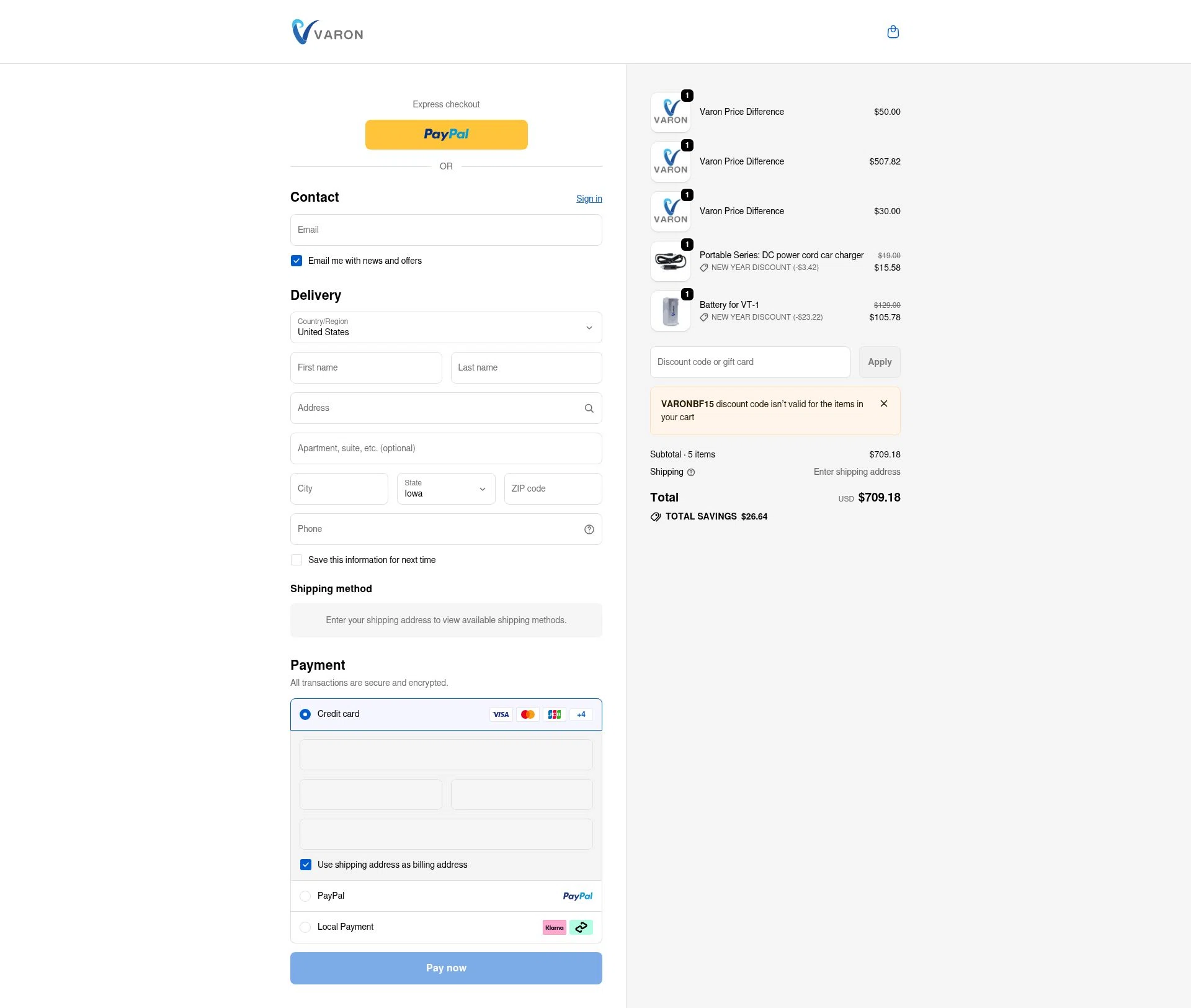 VARON checkout page showing VARON coupon code box | Screenshot taken by SimplyCodes community member on Jan 7, 2026