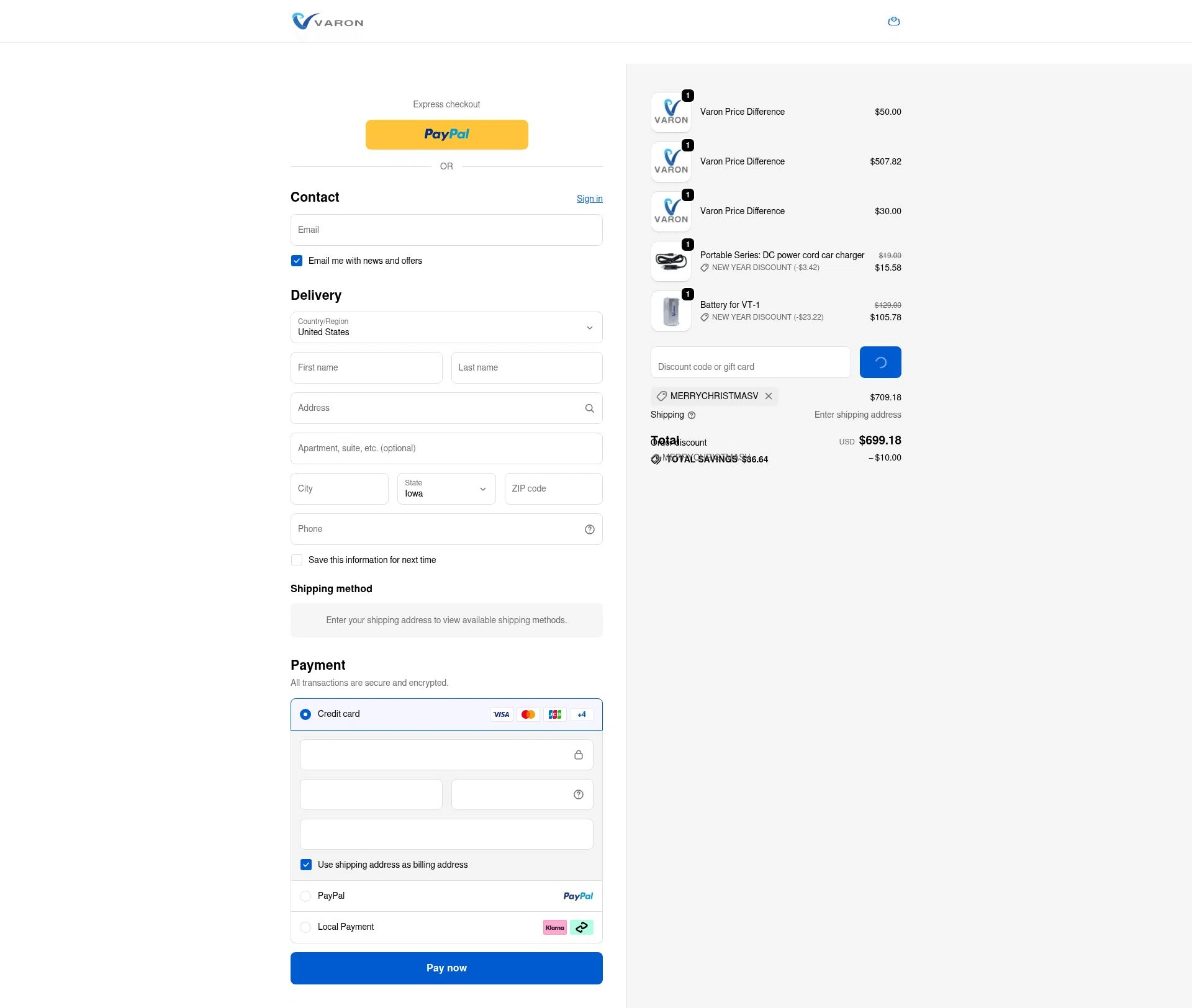 VARON checkout page showing VARON coupon code box | Screenshot taken by SimplyCodes community member on Jan 7, 2026