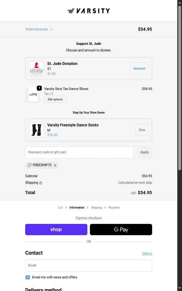 Varsity.com checkout page showing Varsity.com promo code box | Screenshot taken by SimplyCodes community member on Nov 5, 2025