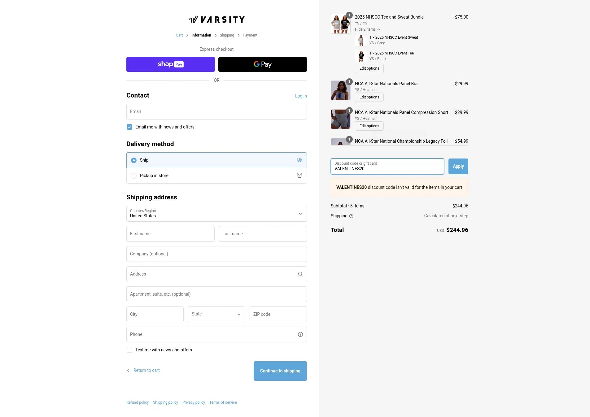 Varsity.com checkout page showing Varsity.com promo code box | Screenshot taken by SimplyCodes community member on Feb 13, 2025