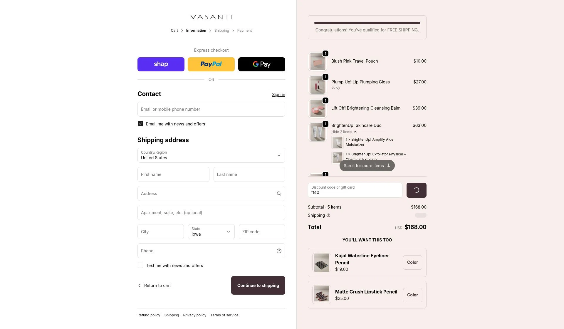 Vasanti Cosmetics checkout page showing Vasanti Cosmetics promo code box | Screenshot taken by SimplyCodes community member on Jan 31, 2026