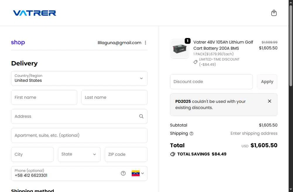 Vatrer checkout page showing Vatrer discount code box | Screenshot taken by SimplyCodes community member on Jan 10, 2026