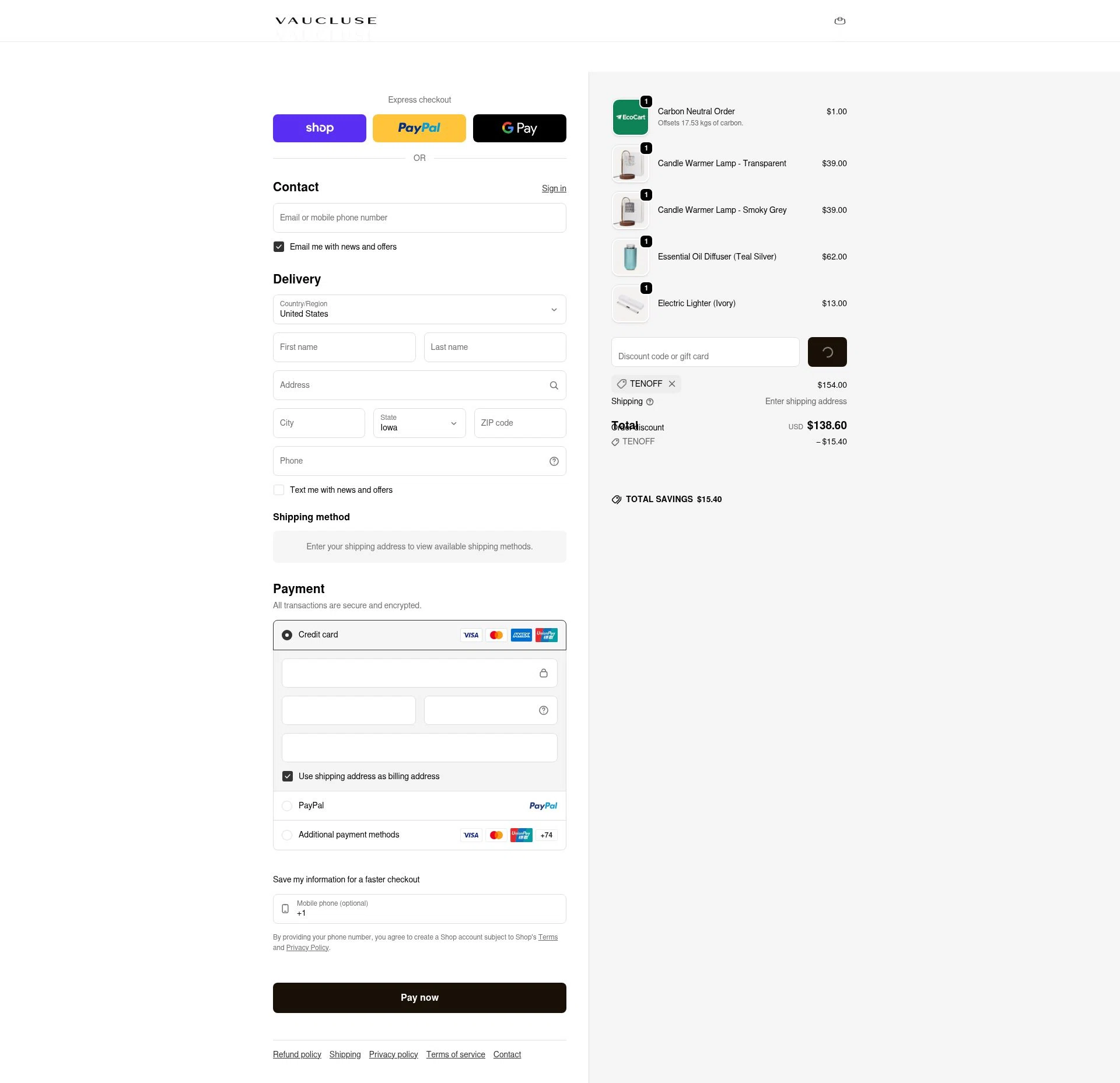 VAUCLUSE checkout page showing VAUCLUSE discount code box | Screenshot taken by SimplyCodes community member on Feb 1, 2026