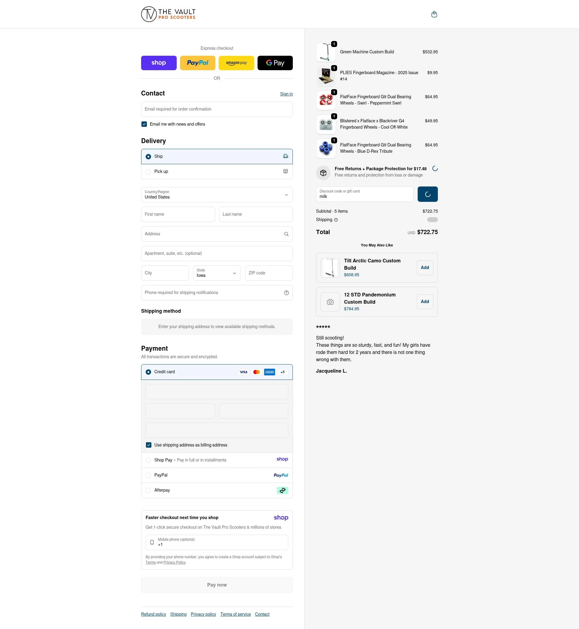 The Vault Pro Scooters checkout page showing The Vault Pro Scooters discount code box | Screenshot taken by SimplyCodes community member on Jan 8, 2026
