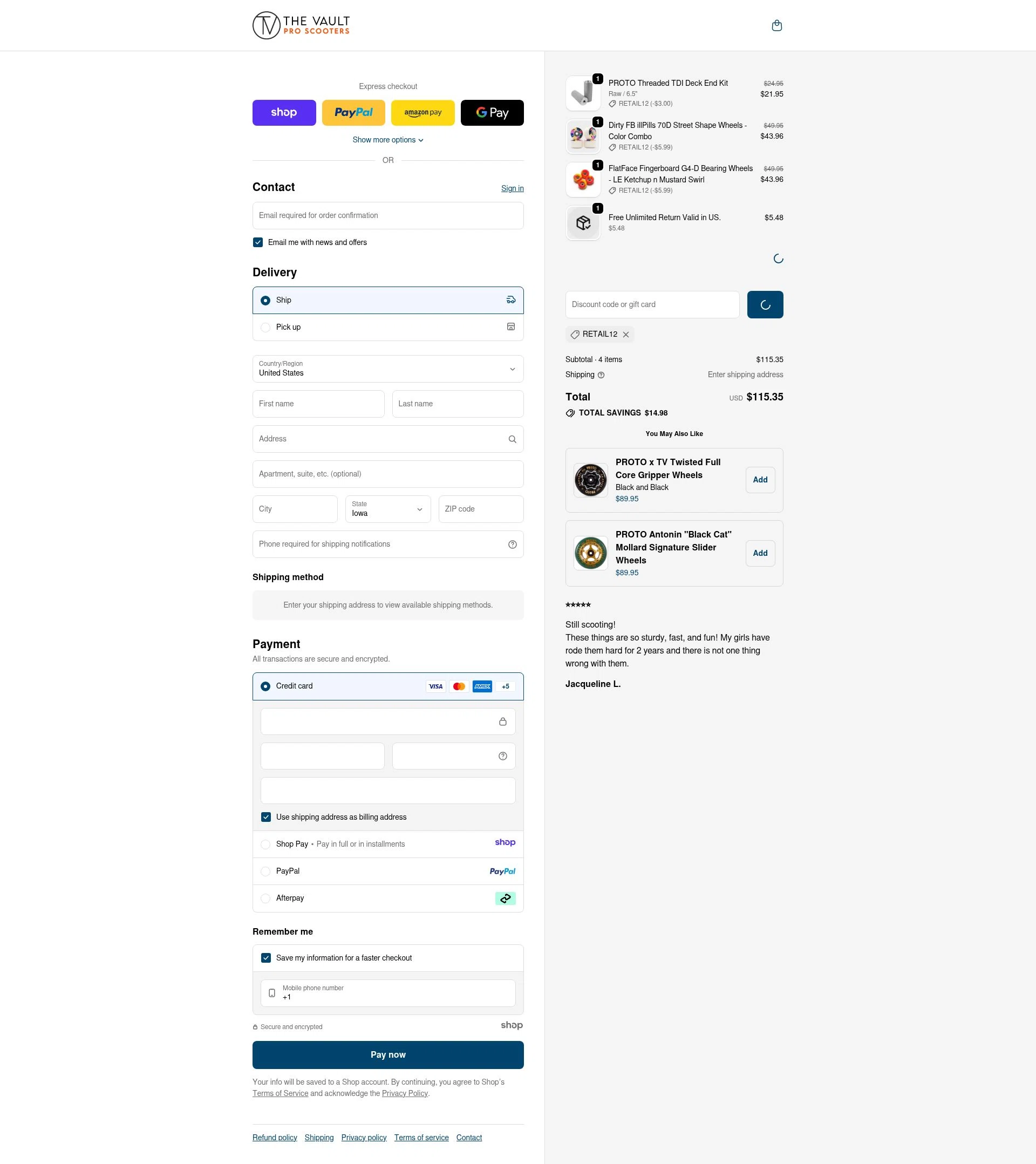 The Vault Pro Scooters checkout page showing The Vault Pro Scooters discount code box | Screenshot taken by SimplyCodes community member on Jan 3, 2026