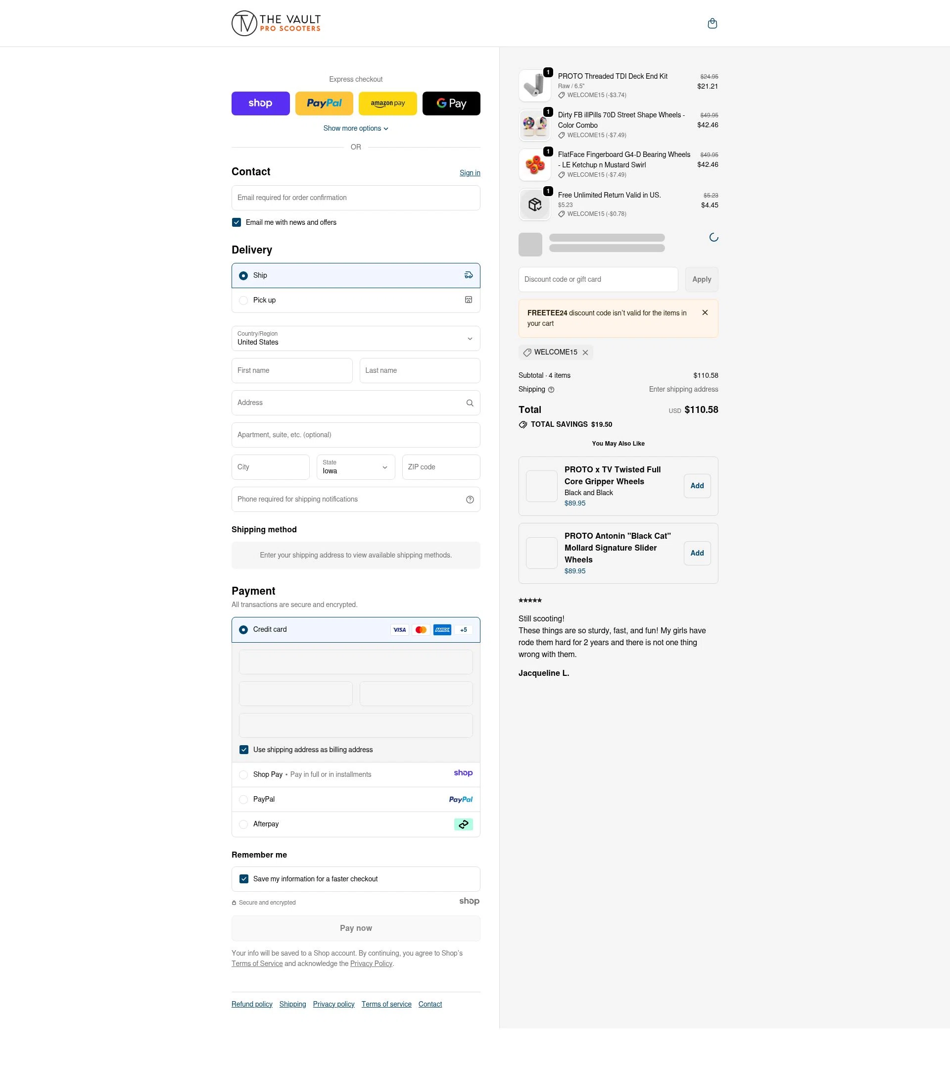 The Vault Pro Scooters checkout page showing The Vault Pro Scooters discount code box | Screenshot taken by SimplyCodes community member on Jan 3, 2026