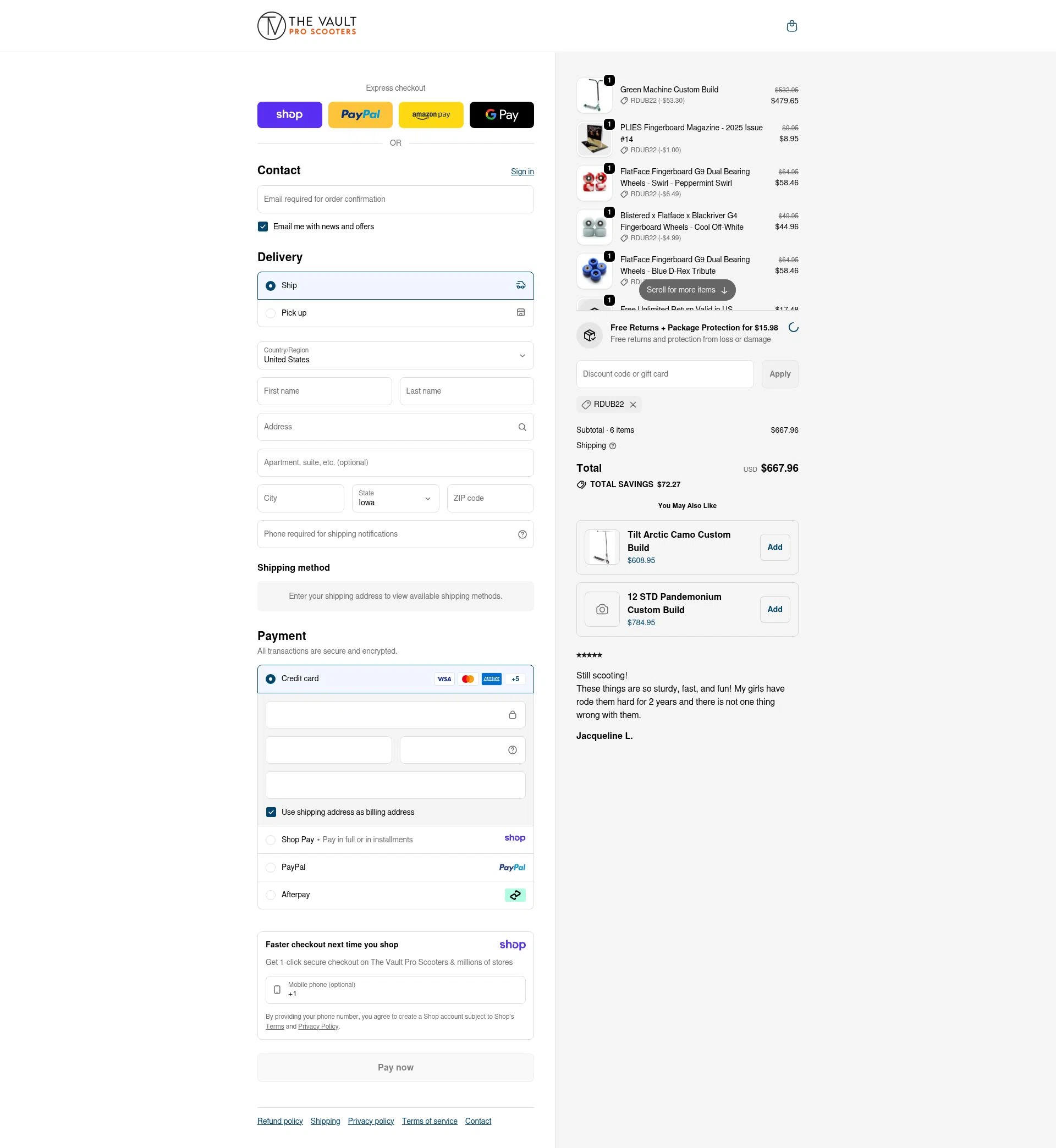 The Vault Pro Scooters checkout page showing The Vault Pro Scooters discount code box | Screenshot taken by SimplyCodes community member on Jan 8, 2026