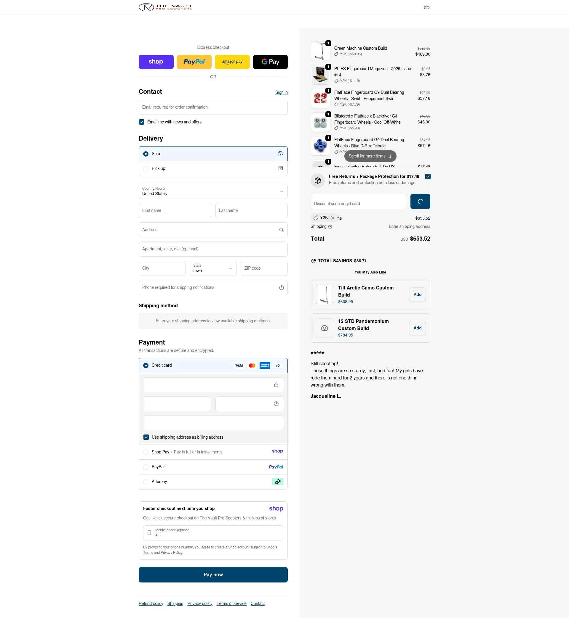 The Vault Pro Scooters checkout page showing The Vault Pro Scooters discount code box | Screenshot taken by SimplyCodes community member on Jan 8, 2026