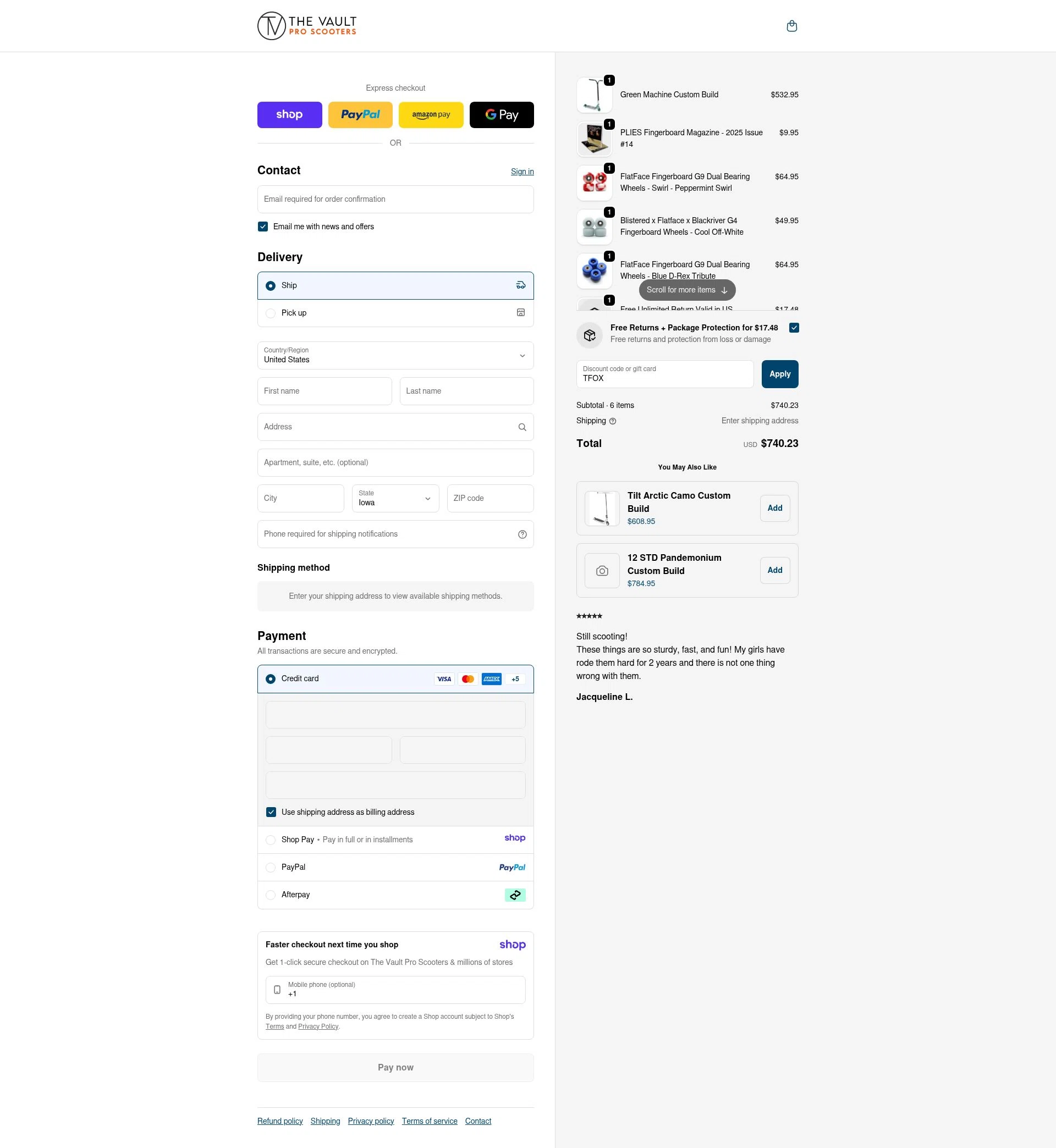 The Vault Pro Scooters checkout page showing The Vault Pro Scooters discount code box | Screenshot taken by SimplyCodes community member on Jan 8, 2026
